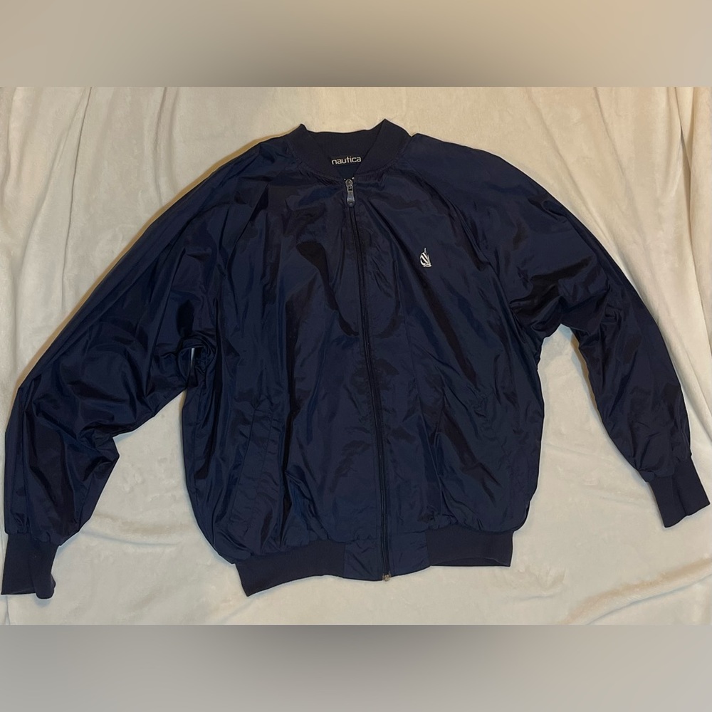 Nautica Bomber Jacket Vintage 90s Full-Zip Coat Navy Blue Mens XL